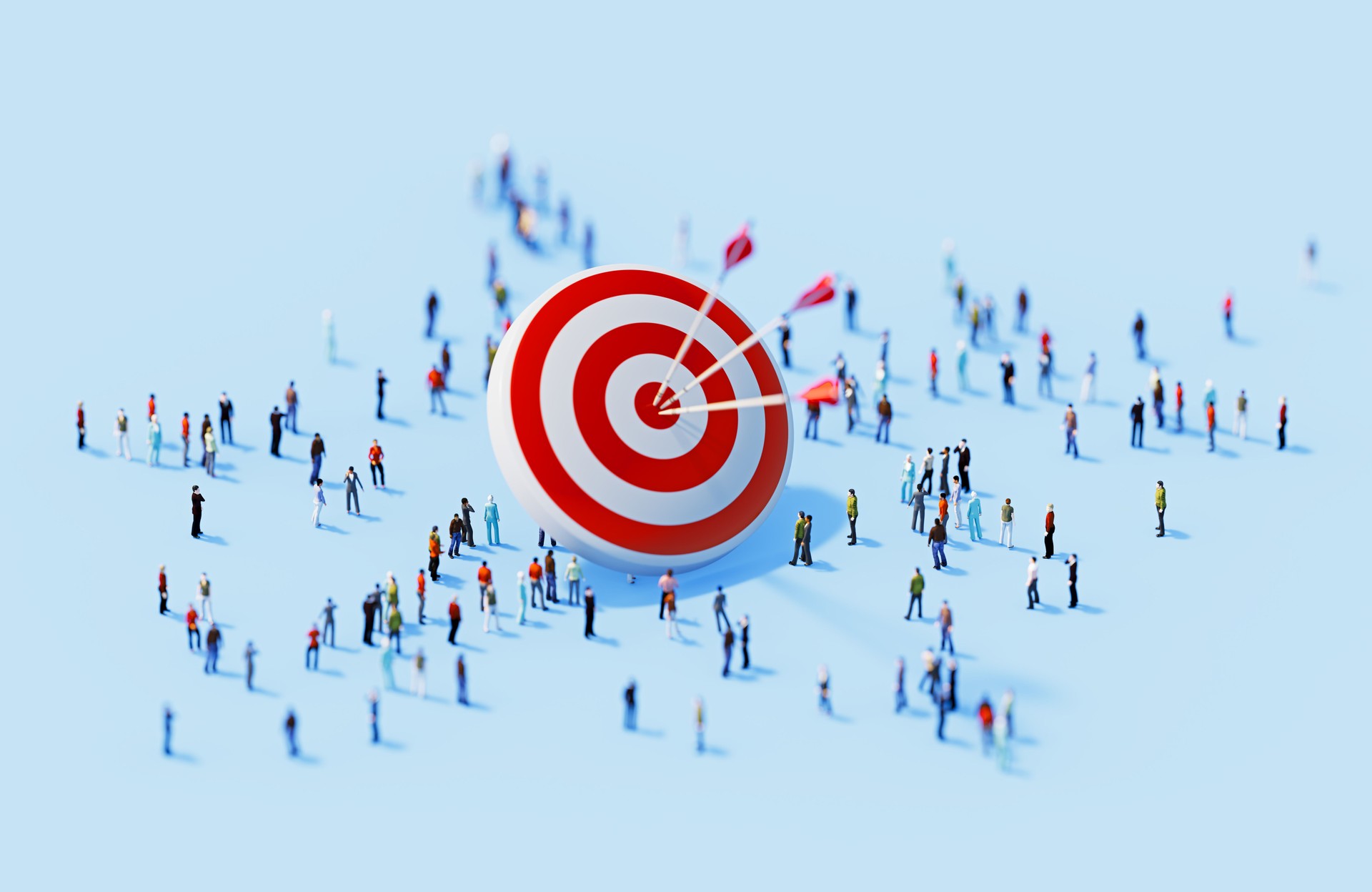Human Crowd Surrounding Red Bull's Eye Target Object On Blue Background